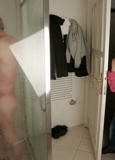 Hot babe catching a dirty old man in the shower at Mature.nl